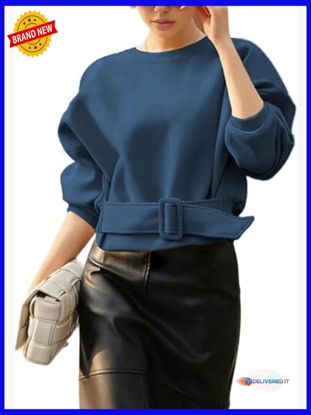 Cropped Crewneck Sweatshirt with Belt Loose Long Sleeve Pullover Y2K